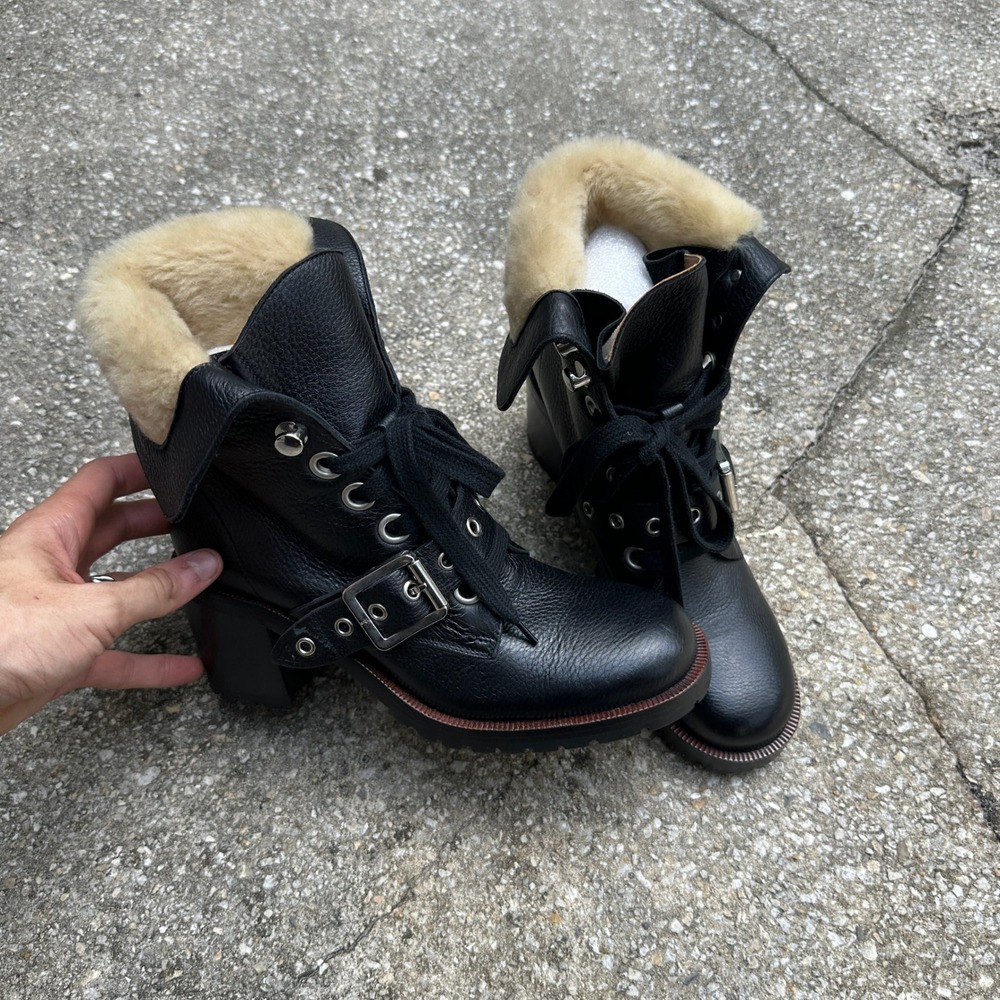Frye Italy Black Pebbled Leather Shearling Lined Combat Boots 9.5 M 3478908